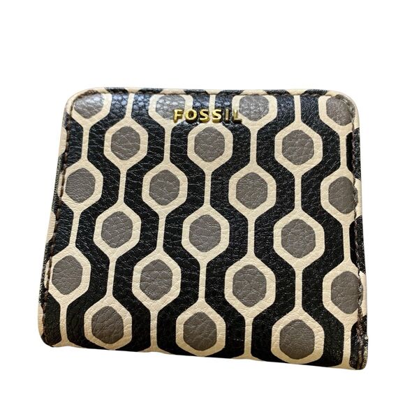 VTG Fossil Geometric Leather Bi-fold Wallet Snap & Up Zip Coin Card Slots White - Picture 8 of 16